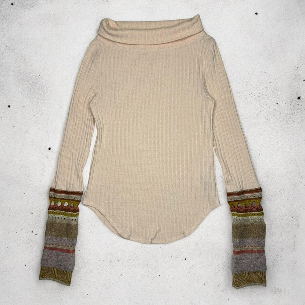Free People Embroidered Sleeve Ribbed Knit Top - Size Small